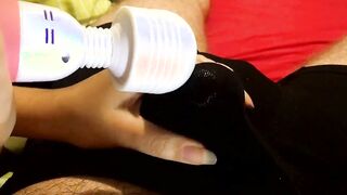 He came inside his panties with my magic wand, twitching oprgasm cum leaking down his boxers