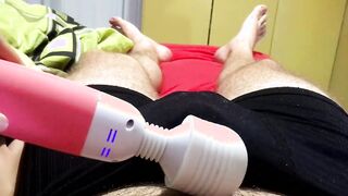 He came inside his panties with my magic wand, twitching oprgasm cum leaking down his boxers