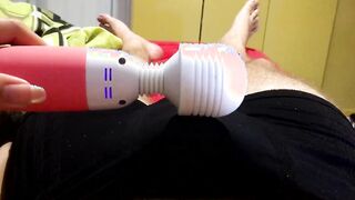 He came inside his panties with my magic wand, twitching oprgasm cum leaking down his boxers