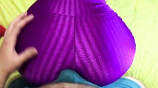 Dry humping a huge butt inside pants, shiny spandex doggy style dry hump cum into leggings