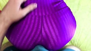 Dry humping a huge butt inside pants, shiny spandex doggy style dry hump cum into leggings