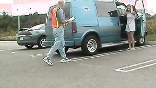 Lucky old guy fucks Beauty hispanic inside open van into parking lot