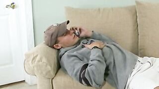 Bro pretends he is a camgirl scout and ends up fucking blone hot on the sofa