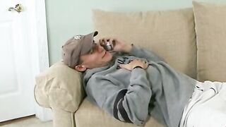 Bro pretends he is a camgirl scout and ends up fucking blone hot on the sofa