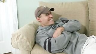 Bro pretends he is a camgirl scout and ends up fucking blone hot on the sofa