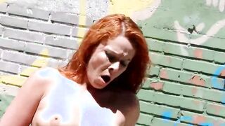 Red Head Dixie Valens with natural hooters give a deep oral sex
