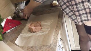 Into pantyhose into high heels no lingerie and bra Beauty cougar milf Frina continues her naked cooking. Bombshell and cold minced meat roll on the menu today