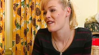 Vulgar man bangs his young blonde GF on the kitchen table