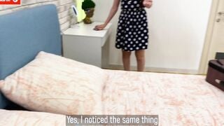 Milf and stepson share a bed into a hotel room.