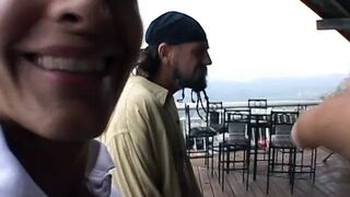 2 freaky dudes penetrate petite dark hair inside pink fishnet