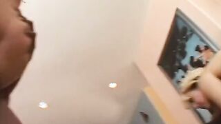 Blonde and ebony haired bimbo gets nailed into the living room by ripped men