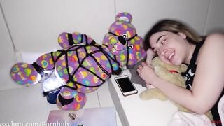 Female chastity sex toy screwed into her butt and given a peeing swallow before she crafts with cum