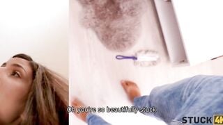 STUCK4K Babes hand is stuck from the glue so the hung dude seduces her
