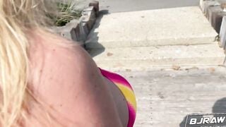BJRAW Smoking Bombshell blonde with long melons deepthroats a dick and licks his booty