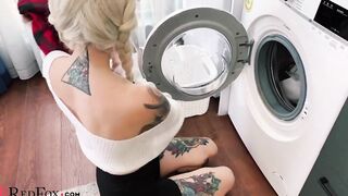 Blonde Deep Blowing and Rides on Penis during Washing