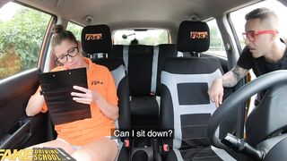 Fake Driving School Dark Hair Professor with Natural Jugs Screws her New School Girl