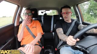 Fake Driving School Dark Hair Professor with Natural Jugs Screws her New School Girl