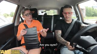 Fake Driving School Dark Hair Professor with Natural Jugs Screws her New School Girl