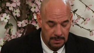 Old guy seduces a young chick then fucks her inside bed