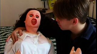 Vulgar stud's blow up doll comes alive and he fucks her inside bed
