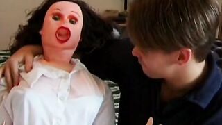 Vulgar stud's blow up doll comes alive and he fucks her inside bed