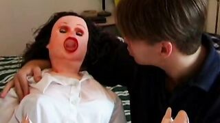Vulgar stud's blow up doll comes alive and he fucks her inside bed
