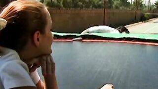Young dark haired is lying by the pool when a hunk comes along to banged her