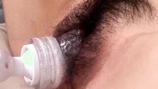 Hardcore Japanese full-length clip of a young woman with a very bushy snatch fucking several guys