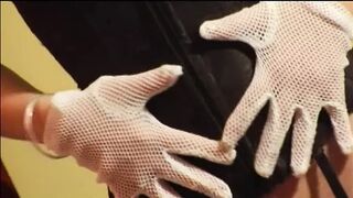 Blonde bitch inside tights gets cum after sexy fucking from dude's penis