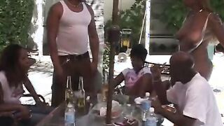 Slutty african bimbos takes toy and 2 dicks inside her house