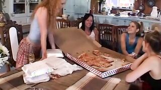 Young dark haired with pigtails fucks 2 men hardcore inside the kitchen