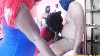one cunt with mouth filming her two friends sucking off 1 cock