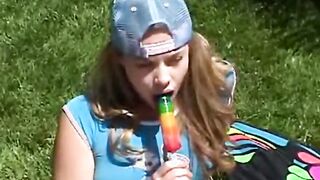 19 Year Old rubbing her clitoris public