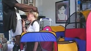 Adorable young blonde with nice round booty gets her twat licked from behind