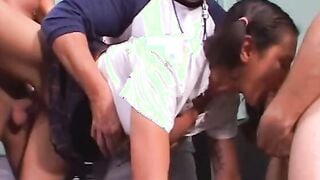Sexual young thot blows 2 rough dicks while getting plowed