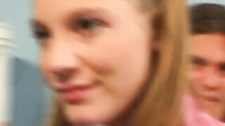 Barely legal hoe blows on 3 rough dicks at the same time