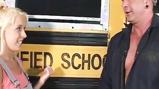 Elder bro into uniform of vehicle mechanic tempts young blonde near the schhol bus