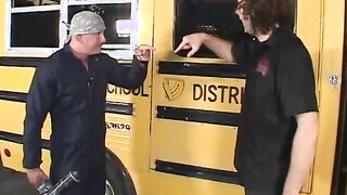 Elder bro into uniform of vehicle mechanic tempts young blonde near the schhol bus