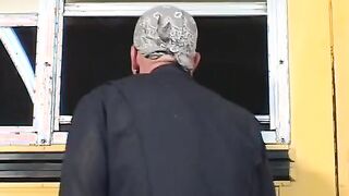 Elder bro into uniform of vehicle mechanic tempts young blonde near the schhol bus