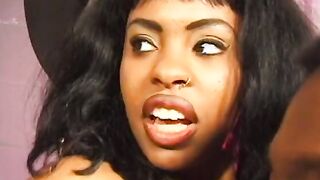 Sensual ebony bitch blows on 2 rough dicks at once then gets drilled