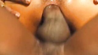 Sensual ebony bitch blows on 2 rough dicks at once then gets drilled