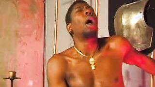 Sensual ebony bitch blows on 2 rough dicks at once then gets drilled