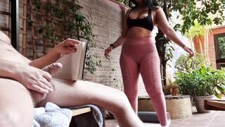I pull my penis out into front of my Desi stepsister while she does ass exercises. She does fitness into yoga leggings and has long natural breasts.