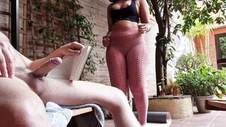 I pull my penis out into front of my Desi stepsister while she does ass exercises. She does fitness into yoga leggings and has long natural breasts.