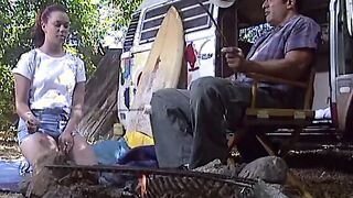 Beauty young dark haired gets her sweet soak cunt licked and banged! outside