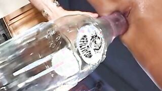 Booze bottle slips inside Women soak vagina then gets screwed three-way