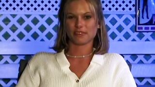 Young blonde smiles as she gets screwed doggy style inside bed