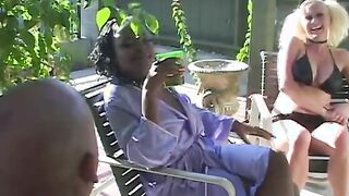 Curvy ebony and blonde bitches share 1 rough ebony tool