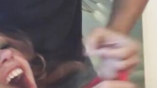 Dirty Bae gets a wooden pole into her booty before deep throating bro's penis