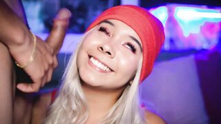 Blonde with angelic face blows her uncle's rough penis inside outdoors cam performance